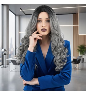 Daalı Perçemsiz Uzun Fiber Sen Peruk / Siyah / Gri Ombreli