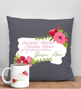 BK Gift Kişiye Özel İsimli Anneler Günü Tasarımlı Antrasit Kırlent Yastık ve Kupa Seti, Anneye Hediye, Ev Dekorasyonu, Anneler Günü Hediyesi-6