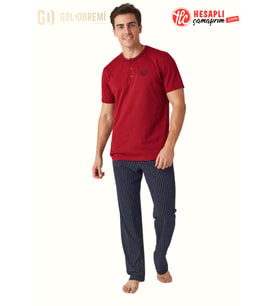 Mod Collection 3416 Erkek Düğmeli Yaka Kısa Kollu Çizgili %100 Pamuklu Rahat Kalıp Pijama Takım