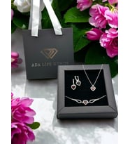 925 Ayar Gümüş Pırlanta Kalp Model Kadın 3 lü Set Bileklik Kolye Küpe (Kırmızı)