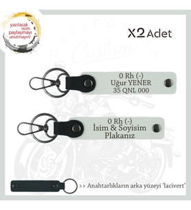 Biker Stiline Uygun, İsim Plaka ve 0 - Kan Grubu Yazılı, Hediye Deri x2 Anahtarlık Seti, Beyaz-Laci (Çok Renkli)
