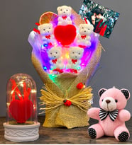 Kişiye Özel Renkli Led Işıklı Ayıcık Buketi Seti (Işıklı Kalpli Fanus) (Model 4)