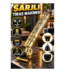 HK-34 Şarjlı Tıraş Makinesi Seti 3 Başlıklı T Çelik Bıçaklı Saç ve Sakal Şekillendirici