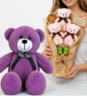 Premium Hediye Seti Kişiye Özel Peluş Ayıcık Buketi ve 50 cm Büyük Boy Mor Peluş Ayıcık
