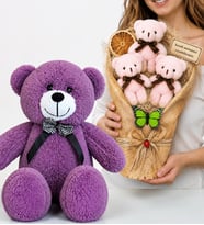 Premium Hediye Seti Kişiye Özel Peluş Ayıcık Buketi ve 50 cm Büyük Boy Mor Peluş Ayıcık
