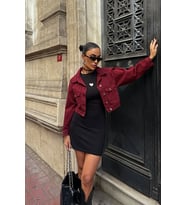 NİDO MODA Kadın Bordo Çift Cep Denim Crop Şık Ceket L26-BCDF-255419