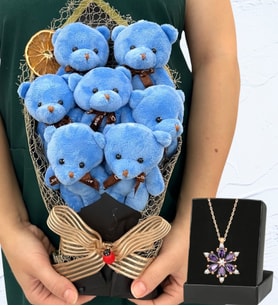 Büyük Boy 7'li Tasarım Peluş Ayıcık Buketi ve Gerçek Ametist Taşlı Lotus Kolye (Model 5)
