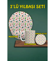 Yılbaşı Temalı 3'lü Bilek Destekli Mousepad Kupa Ve Bardak Altlığı Seti