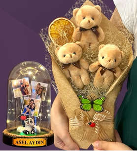 Kişiye Özel Led Işıklı Fanus ve Kahve Peluş Ayıcık Buketi - Premium Hediye Seti (Model 4)