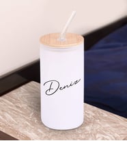 BK Gift İsimli Beyaz Renk Pipetli Buzlu Cam Bardak 600ml - 8, Arkadaşa Hediye, Doğum Günü Hediyesi