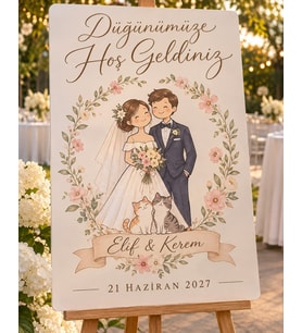 Çizim Portreli Düğün Karşılama Panosu - Evcil Dostlu, Kişiye Özel MDF
