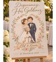 Çizim Portreli Düğün Karşılama Panosu - Evcil Dostlu, Kişiye Özel MDF