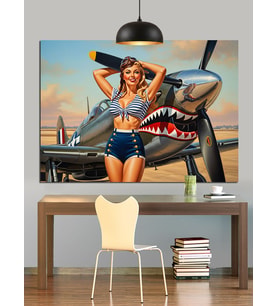 Pin-Up Kız Uçak Dekoratif Kanvas - Mdf Ahşap Tablo