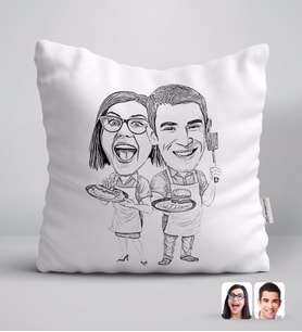 BK Gift Kişiye Özel Karakalem Aşçı Çift Karikatürlü Beyaz Yastık-1