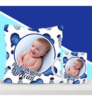 BK Gift Kişiye Özel Fotoğraflı Erkek Bebek Doğum Günü Yastık Kupa Seti 1 (Model 1)