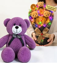Kişiye Özel Renkli LED Işıklı Peluş Ayıcık Buketi ve 50 cm Büyük Boy Mor Peluş Ayıcık