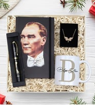Kişiye Özel Harf Baskılı Kupa & Atatürk Kabartmalı Kalem & Mustafa Kemal Atatürk Baskılı Defter & Gold Renk Melek Kolye Hediye Seti (Model 1)