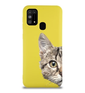Samsung Galaxy M31 Uyumlu Lansman Kılıf Catface Tasarımlı İçi Kadife Kapak-Sarı (Şeffaf)