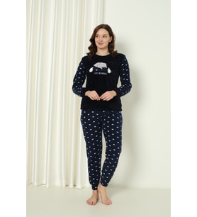 Fwn 5006 Peluş Welsoft Polar Kışlık Yumoş Kadın Pijama Takımı Uyuyan Kedili (Lacivert)