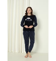 Fwn 5006 Peluş Welsoft Polar Kışlık Yumoş Kadın Pijama Takımı Uyuyan Kedili (Lacivert)