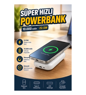 10000 mAh 22.5W Hızlı Şarj Destekli Çok Fonksiyonlu Powerbank