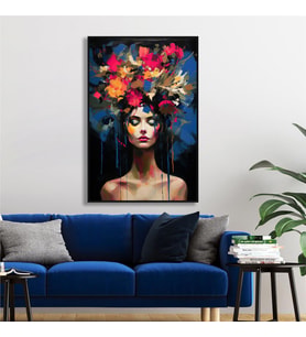 Yağlı Boya Dokulu Tablo Modern Çiçek Saçlı Kadın Siyah Çerçeveli U05013