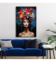 Yağlı Boya Dokulu Tablo Modern Çiçek Saçlı Kadın Siyah Çerçeveli U05013