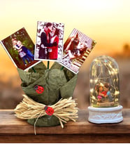 Size Özel 3 Fotoğraflı YEŞİL  Saksı ve Led Işıklı Kalp Tutan Çiftli Fanus Seti