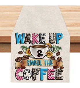 Wake Up Coffee Tasarımlı Runner, Runer, Masa Örtüsü, Sofranıza Zarafet Katın Runner (Krem)