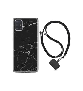 Samsung Galaxy A71 Kılıf Desenli Silikon Ipli Boyun Askılı Siyah Mermer 1299