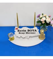 Sümen Ofis Doğal Beyaz Mermer İsimlik Haritalı Gold Çift Kalem, Atatürk ve Dünya Küre Biblosu