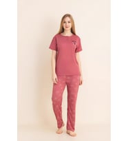 Kadın Pijama Takımı-Menekşe Kumaş-3 Düğmeli-Yaka Baskılı-12606SF ENİSENA (Mercan)