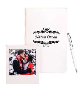 Kişiye Özel Beyaz Deri Defter & Metal Tükenmez Kalem & Ahşap Çerçeve