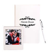 Kişiye Özel Beyaz Deri Defter & Metal Tükenmez Kalem & Ahşap Çerçeve
