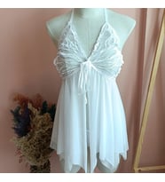 Butterfly Önden Yırtmaçlı Çeyizlik Kadın Tül Gecelik / Tanga Set-BEYAZ