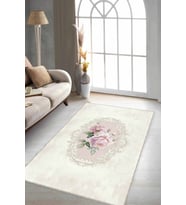 Bej Çiçekli Kaymaz Tabanlı Makinede Yıkanabilir Halı MX01 - 100 x 160 cm