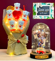 Sizlere Özel Hediye Seti - Led Işıklı Ayıcık Buketi ve Kişiye Özel Led Işıklı Biblolu Fanus (Model 6)