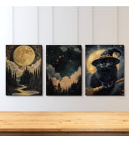 Dikey 3'lü Kanvas Tablo Seti Süpürgeli Siyah Kedi Gece Ay Işığı Duvar Tablosu Ev Salon Tablosu Ev Dekorasyonu