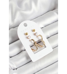 Pirinç Zirkon Taş Ve Kalp Figürlü Gold Renk 3'lü Çift Kadın Küpe Set - TJ-BKP10650
