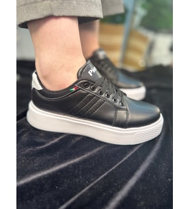 Günlük Kadın Spor Ayakkabı Ortopedik Vegan Deri Bağcık Hafif Kalın Yüksek Taban Yürüyüş Sneaker 102 (Siyah - Beyaz)