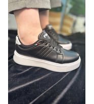 Günlük Kadın Spor Ayakkabı Ortopedik Vegan Deri Bağcık Hafif Kalın Yüksek Taban Yürüyüş Sneaker 102 (Siyah - Beyaz)