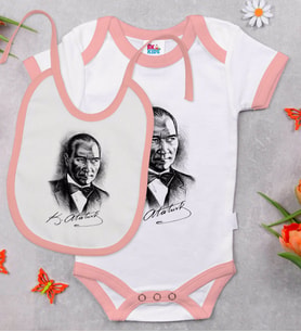 BK Kids Atatürk Temalı Pembe Bebek Body Zıbın ve Mama Önlüğü Hediye Seti-14