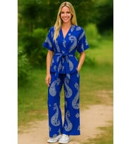 Kadın Keten Kimono Takım - Desenli (Mavi)