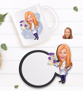 BK Gift Kişiye Özel Kadın Chef Karikatürlü Beyaz Kupa ve Ahşap Bardak Altlığı Hediye Seti-2