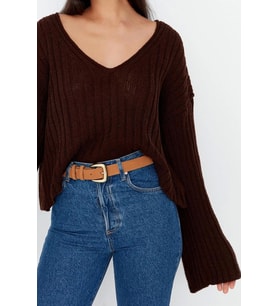 Stil Modern Kadın Crop Standart Kol V Yaka Yünlü Geniş Kalıp Basic Triko Kazak (Kahverengi)