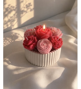 Mumelia Mini Çiçek Bahçesi - Doğal Soya Dekoratif Taştozu Tabak Mum - Pembe