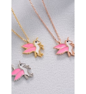925 Ayar Gold Mineli Pembe Mineli Unicorn Gümüş Kolye