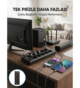 10 Prizli USB Destekli Çoklu Priz Type-C Şarj Girişli Güvenli Güç Ünitesi
