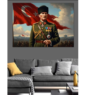 Türk Bayrağı Önünde Üniformalı Atatürk Dekoratif Kanvas - Mdf Ahşap Tablo