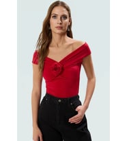Carmen Yaka Fitted Sandy Örme Bluz Gündüz Gece Kullanımı Premium Kalite Uzun Ömürlü (Kırmızı)